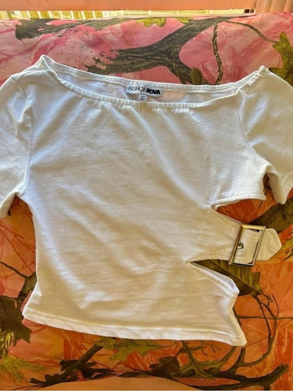 White Cutout Buckle Crop Top - White - Picture 2 of 8